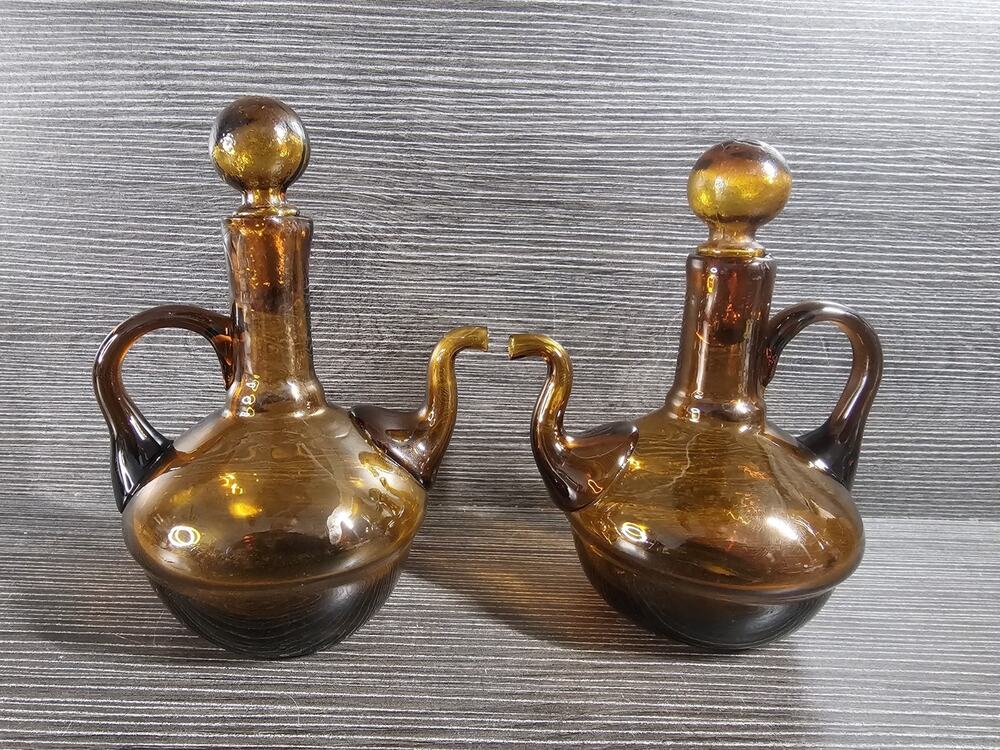 Vintage Pair Of Hand Blown Amber Glass Cruet With Pour Spout & Stoppers